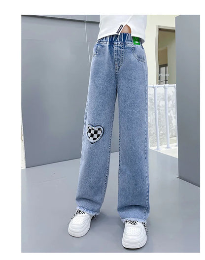 Casual Style Jeans For Girl Teenage Clothes Elastic High Waist Denim Wide Leg Pants Spring Big Kids Straight Trousers 5-14Y