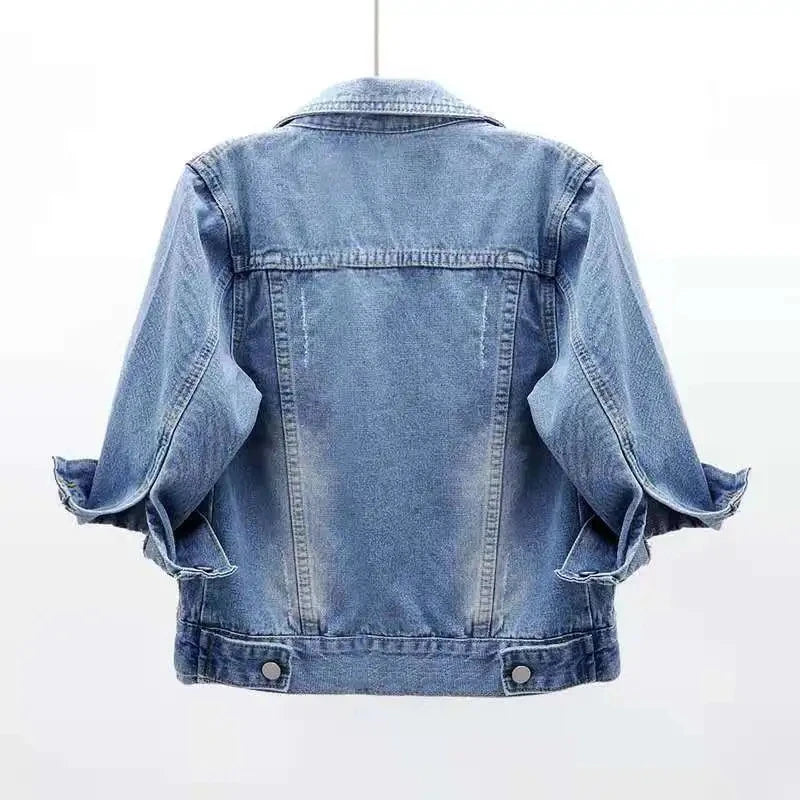 Women Denim Jacket Tops Pink Colour Solid/Multicolour Three Quarter Sleeve Jean Jacket