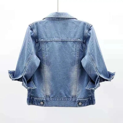 Women Denim Jacket Tops Pink Colour Solid/Multicolour Three Quarter Sleeve Jean Jacket