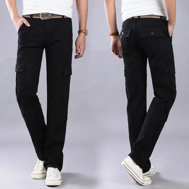Pure Cotton Long Men's Pants Multi Pocket Straight Loose Sport Casual Trousers
