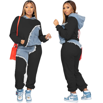 Women Tracksuit Hooded/Two Pieces Set/Long Sleeve Sweatshirts/Pullover Hoodies Print Patchwork With Pockets