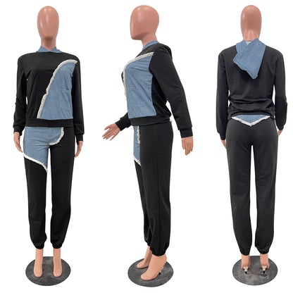 Women Tracksuit Hooded/Two Pieces Set/Long Sleeve Sweatshirts/Pullover Hoodies Print Patchwork With Pockets