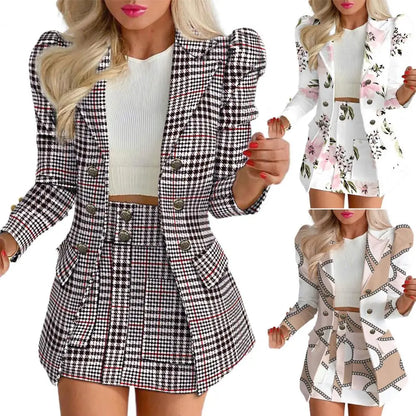 Women Coat Skirt Set Flower Check Print Coat Skirt Set Elegant High Waist Ol Style Suit for Formal Commute Lady Jacket Women