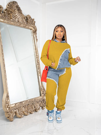 Women Tracksuit Hooded/Two Pieces Set/Long Sleeve Sweatshirts/Pullover Hoodies Print Patchwork With Pockets