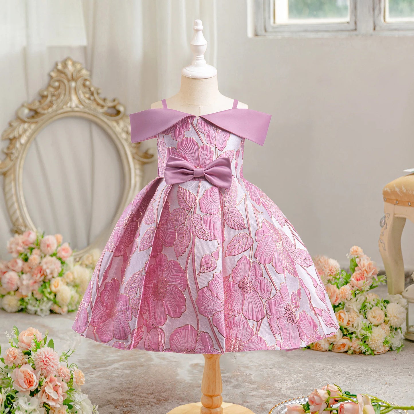 New Elegant Casual Flower Printed Wedding Birthday Party Dresses For Girls With Big Bow/Princess Dress For Girls