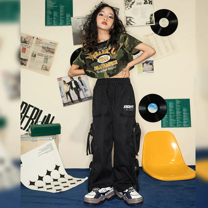 New Children Hip Hop Clothing Street Dance Camo T Shirt Crop Top Black Cargo Pants Teen Girl Kpop Jazz Dance Performance Costume
