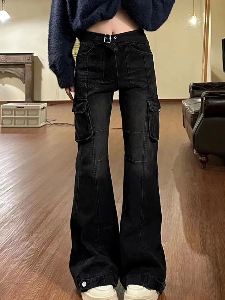 Ladies Black Flare Jeans with Slim Bell Bottoms/American Retro Fashion Denim Trousers With Multiple Pockets