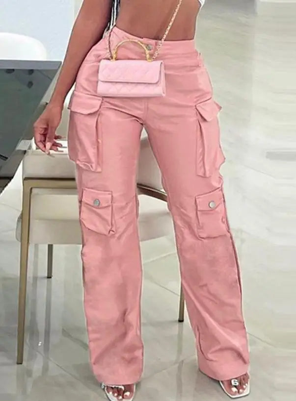 New Fashion Women's Pants Elegant Straight Leg Pocket Design Pu Leather Pants Female Trouser Casual Bottom Female Clothing