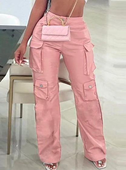 New Fashion Women's Pants Elegant Straight Leg Pocket Design Pu Leather Pants Female Trouser Casual Bottom Female Clothing