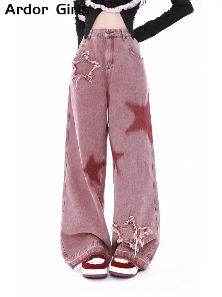 Y2k Street Cargo Pants Women Loose Five-point Star Patchwork Female Jeans Retro Lady Denim Wide Leg Trousers