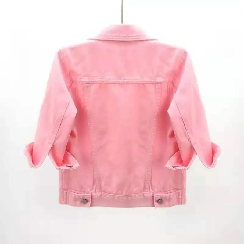 Women Denim Jacket Tops Pink Colour Solid/Multicolour Three Quarter Sleeve Jean Jacket