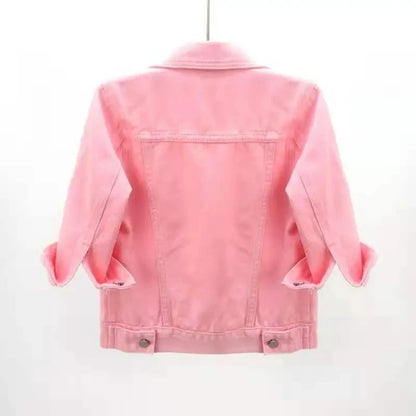 Women Denim Jacket Tops Pink Colour Solid/Multicolour Three Quarter Sleeve Jean Jacket
