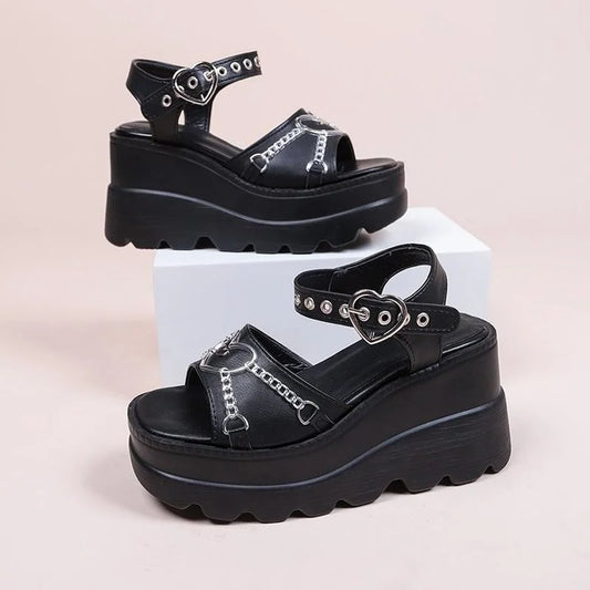 35-43 Plus Size Fashion Slope Heel Women Sandals Metal Chain Decoration Female Buckle Platform Shoes Women's Sandals Tide Shoes