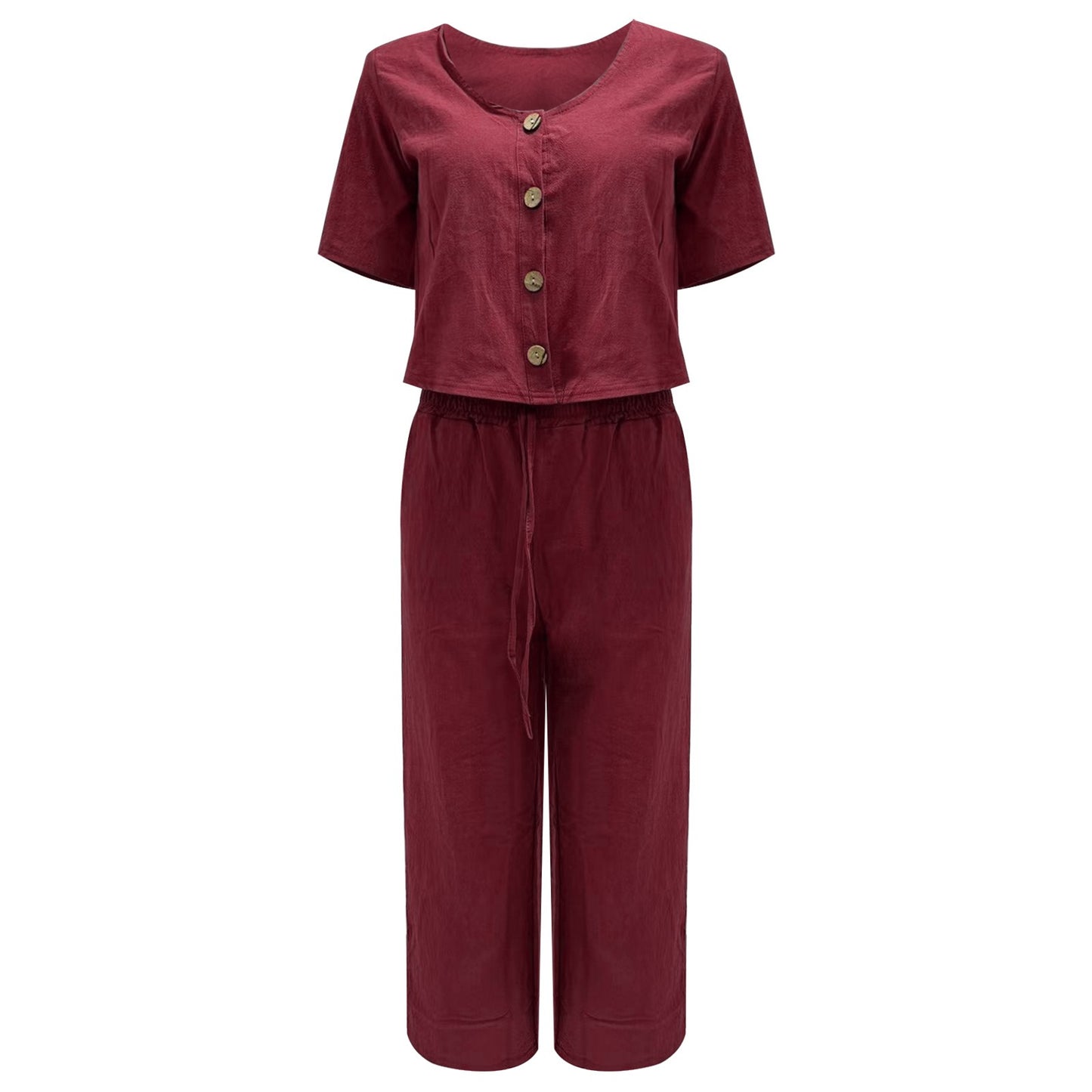 Women Fashion Solid Cotton And Linen Multi Button Top Short Sleeve Pant Sets Casual Ladies Suits