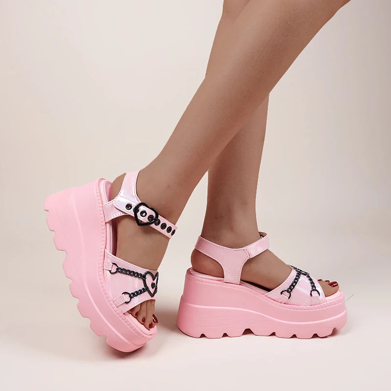 35-43 Plus Size Fashion Slope Heel Women Sandals Metal Chain Decoration Female Buckle Platform Shoes Women's Sandals Tide Shoes