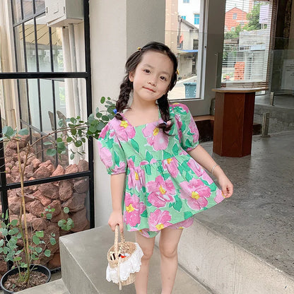 New Summer Girls' Clothing Sets Sweet Casual Flower Doll Shirt And Shorts Fashion Baby Kids Outfit Children Girls Clothes Suit