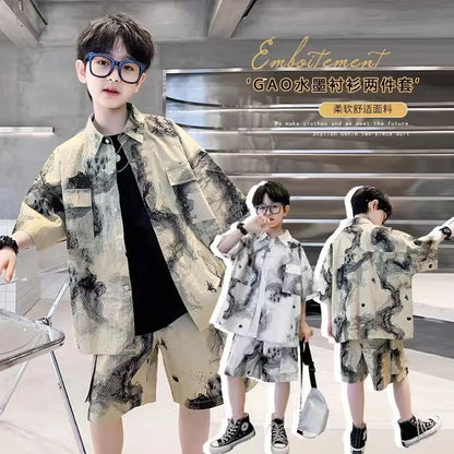 Children Clothing Boys Summer Short-sleeved Suit Casual Shirt + Two-piece Suit for Outer Wear Wholesale