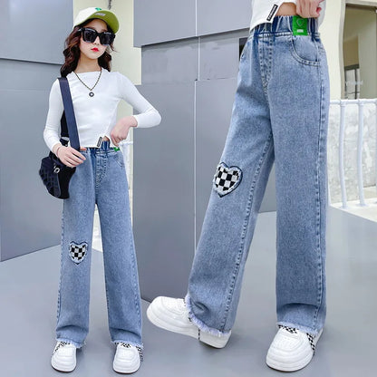 Casual Style Jeans For Girl Teenage Clothes Elastic High Waist Denim Wide Leg Pants Spring Big Kids Straight Trousers 5-14Y