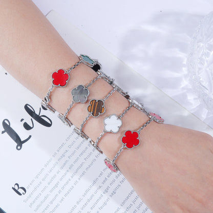 High-Quality 15mm Natural White Shell Stone Bracelet Adorned with Five Leaf Flowers in Gold and Silver