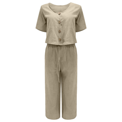 Women Fashion Solid Cotton And Linen Multi Button Top Short Sleeve Pant Sets Casual Ladies Suits