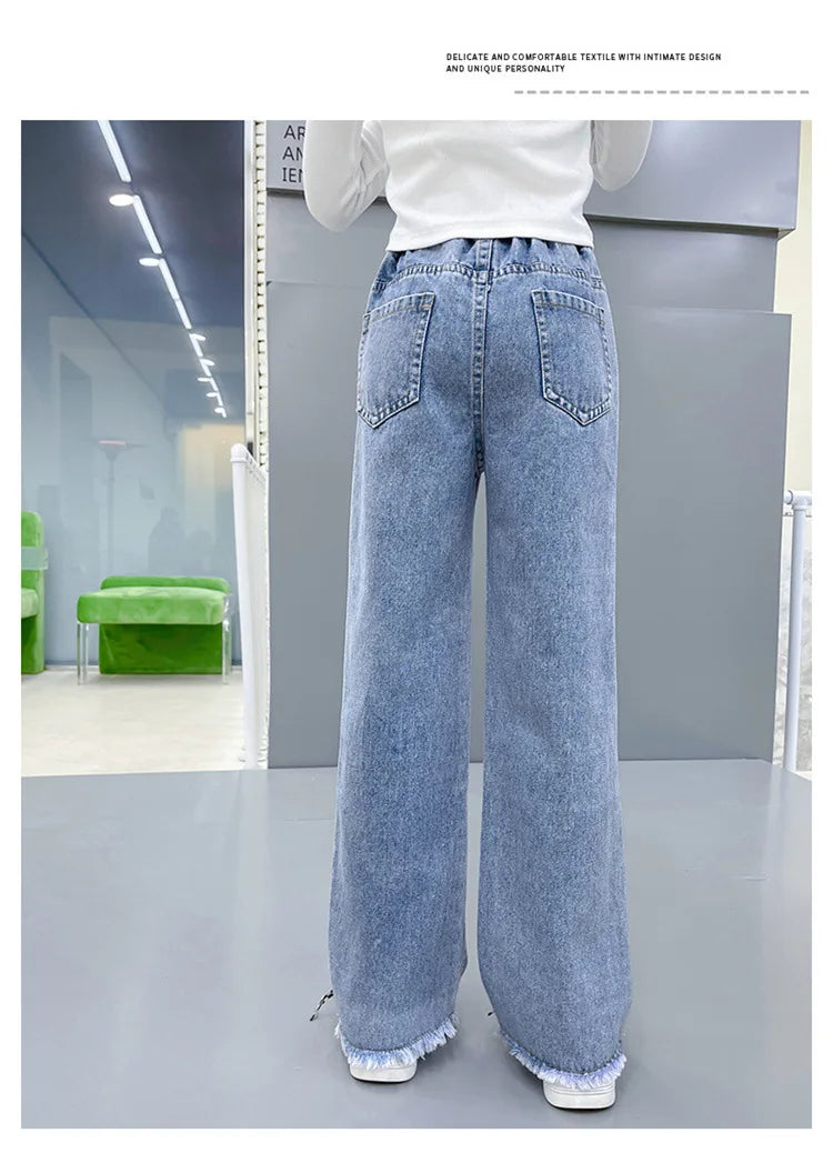 Casual Style Jeans For Girl Teenage Clothes Elastic High Waist Denim Wide Leg Pants Spring Big Kids Straight Trousers 5-14Y