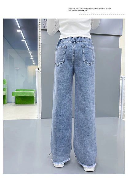Casual Style Jeans For Girl Teenage Clothes Elastic High Waist Denim Wide Leg Pants Spring Big Kids Straight Trousers 5-14Y