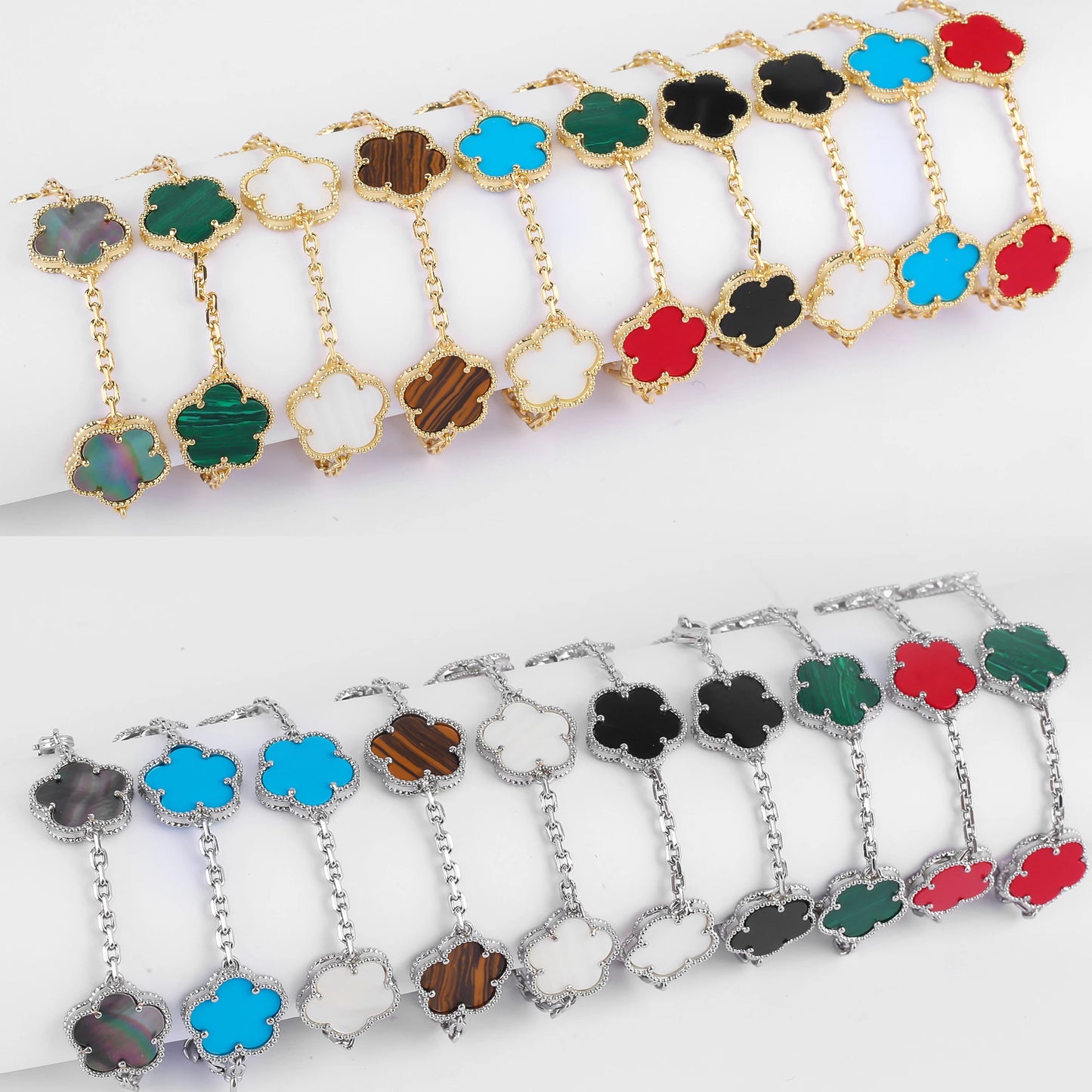 High-Quality 15mm Natural White Shell Stone Bracelet Adorned with Five Leaf Flowers in Gold and Silver