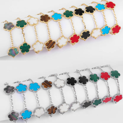 High-Quality 15mm Natural White Shell Stone Bracelet Adorned with Five Leaf Flowers in Gold and Silver