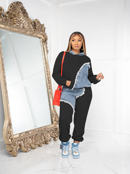 Women Tracksuit Hooded/Two Pieces Set/Long Sleeve Sweatshirts/Pullover Hoodies Print Patchwork With Pockets