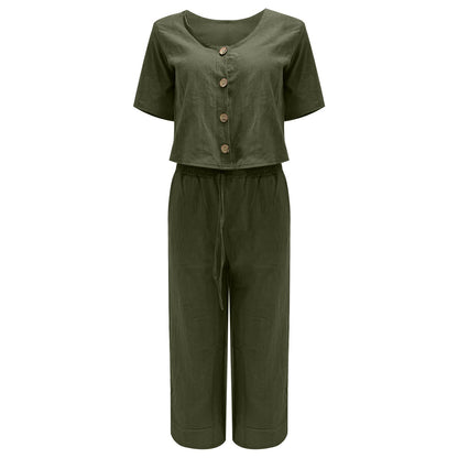 Women Fashion Solid Cotton And Linen Multi Button Top Short Sleeve Pant Sets Casual Ladies Suits