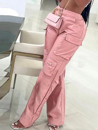 New Fashion Women's Pants Elegant Straight Leg Pocket Design Pu Leather Pants Female Trouser Casual Bottom Female Clothing