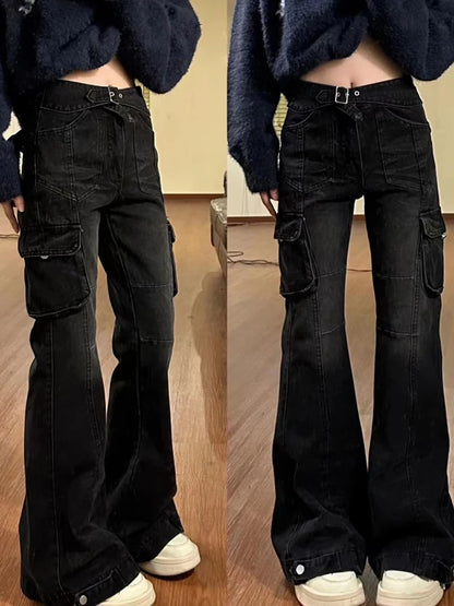 Ladies Black Flare Jeans with Slim Bell Bottoms/American Retro Fashion Denim Trousers With Multiple Pockets