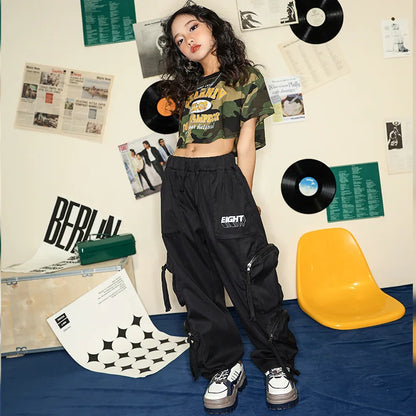 New Children Hip Hop Clothing Street Dance Camo T Shirt Crop Top Black Cargo Pants Teen Girl Kpop Jazz Dance Performance Costume