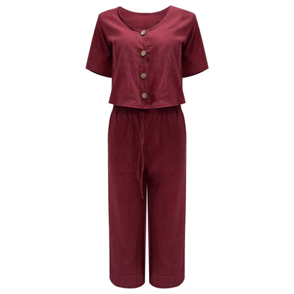 Women Fashion Solid Cotton And Linen Multi Button Top Short Sleeve Pant Sets Casual Ladies Suits