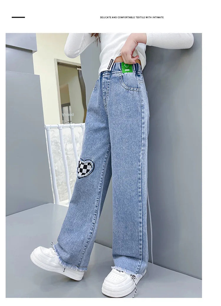 Casual Style Jeans For Girl Teenage Clothes Elastic High Waist Denim Wide Leg Pants Spring Big Kids Straight Trousers 5-14Y