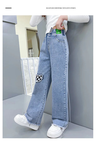 Casual Style Jeans For Girl Teenage Clothes Elastic High Waist Denim Wide Leg Pants Spring Big Kids Straight Trousers 5-14Y