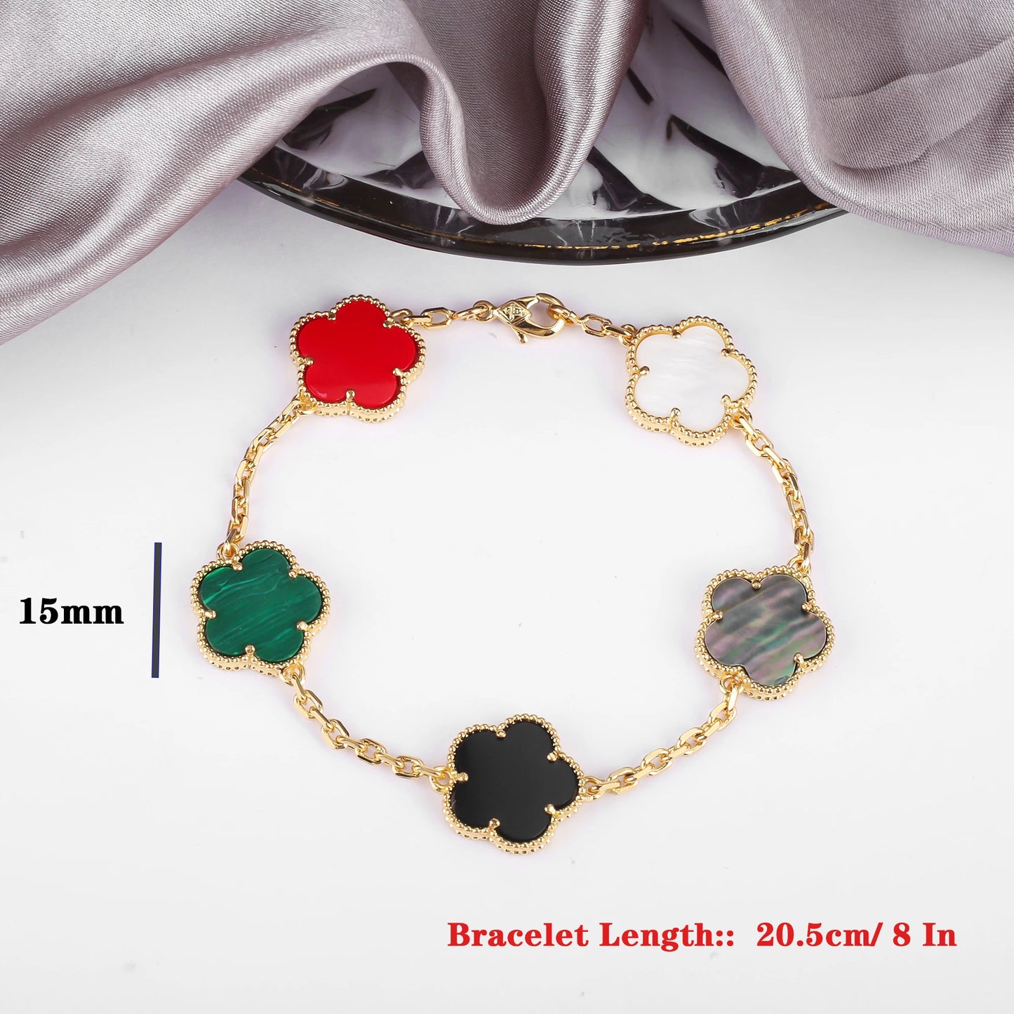 High-Quality 15mm Natural White Shell Stone Bracelet Adorned with Five Leaf Flowers in Gold and Silver
