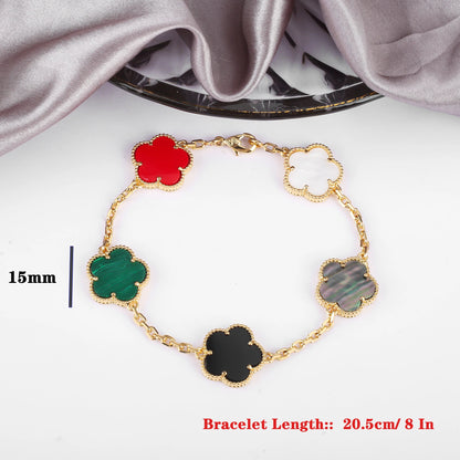 High-Quality 15mm Natural White Shell Stone Bracelet Adorned with Five Leaf Flowers in Gold and Silver