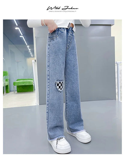Casual Style Jeans For Girl Teenage Clothes Elastic High Waist Denim Wide Leg Pants Spring Big Kids Straight Trousers 5-14Y