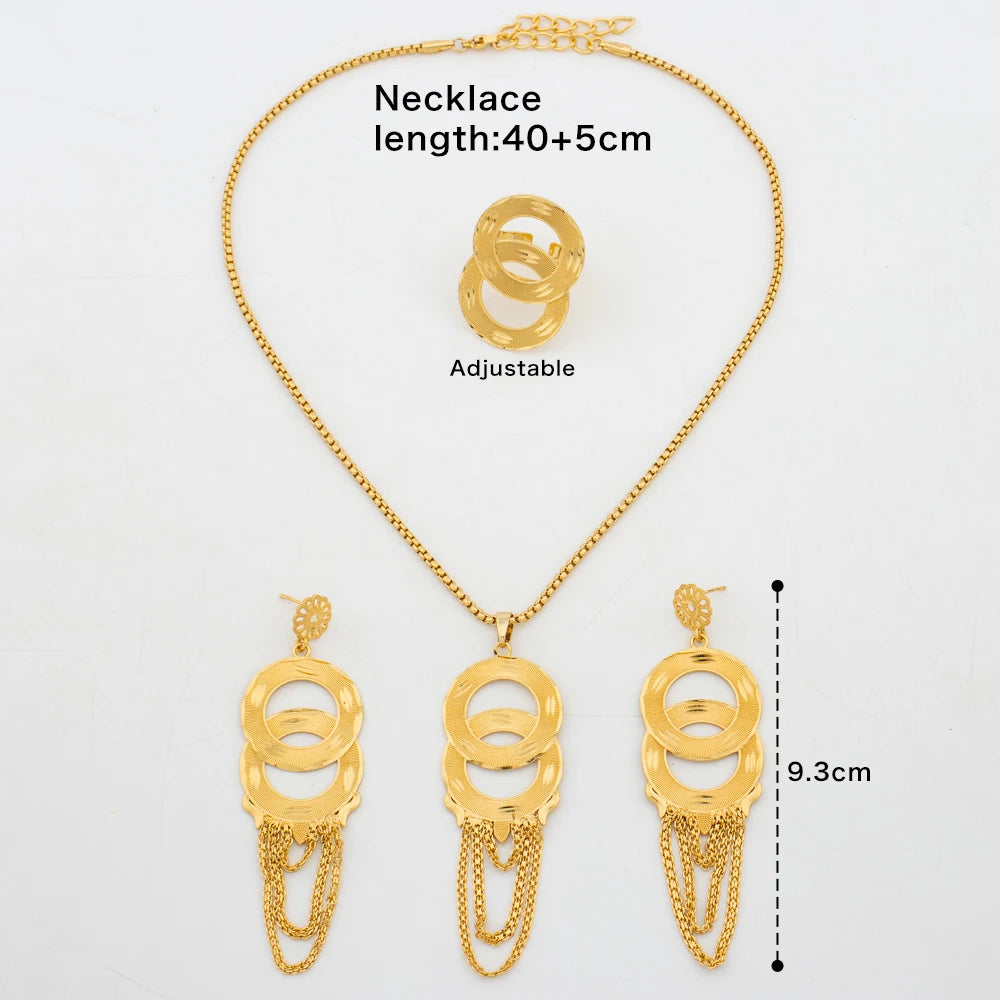 African Jewelry Set for Women Gold Plated Earrings and Pendant Necklace Wedding Party Jewellery Tassel Earrings and Necklace Set