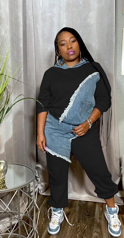 Women Tracksuit Hooded/Two Pieces Set/Long Sleeve Sweatshirts/Pullover Hoodies Print Patchwork With Pockets