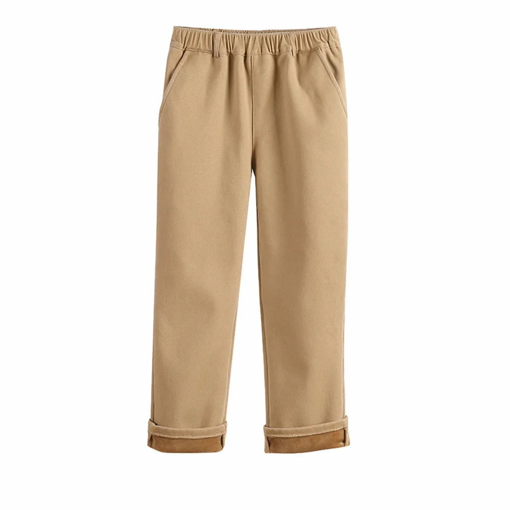Boys & Girls Fleece Winter School Pants/Khaki Uniform Trousers With Elastic Waist