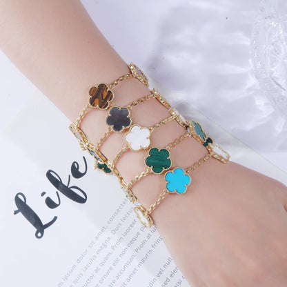 High-Quality 15mm Natural White Shell Stone Bracelet Adorned with Five Leaf Flowers in Gold and Silver